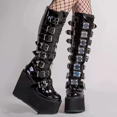 HINDOLA Womens Platform Punk Goth Mid Calf Boots Rivets Metal Decoration Back-Zip Knee High Motorcycle Booties Combat Boots in Kuwait