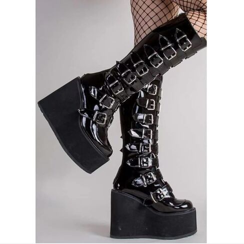 HINDOLA Womens Platform Punk Goth Mid Calf Boots Rivets Metal Decoration Back-Zip Knee High Motorcycle Booties Combat Boots in Kuwait