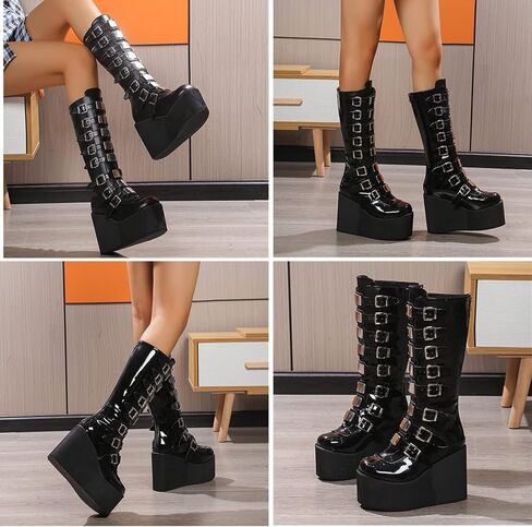 HINDOLA Womens Platform Punk Goth Mid Calf Boots Rivets Metal Decoration Back-Zip Knee High Motorcycle Booties Combat Boots in Kuwait