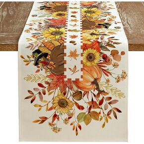 ARKENY Fall Thanksgiving Turkey Table Runner 13x72 Inches, Orange Pumpkin Floral Holiday Indoor Outdoor Table Decoration for Home