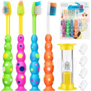 Soft Kids Toothbrushes with Suction Timer and Flossing Bristles, Children Sized Brush Heads (3-10 Year Old), Suction Cup for Fun & Easy Storage, Toddler Toothbrush Girl & Boy Set, Pack of 4