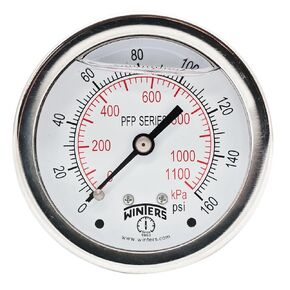 Winters PFP Series Premium Stainless Steel 304 Dual Scale Liquid Filled Pressure Gauge, 0-160 psi/kpa, 2-1/2" Dial Display, +/-1.5% Accuracy, 1/4" NPT Back Mount