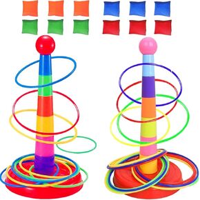 Colorful Plastic Sport Ring Toss Game Set for Kids,2 Colorful Columns+48 Rings+12 Bean Bags,Outside Toys Carnival Ring Circle Game,Outdoor Kids Sports Educational Toys
