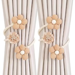 2Pcs Cute Flower Curtain Ties Boho Flower Curtain tie Backs Handmade Curtains tiebacks Curtain Holder Tie Backs for Curtains Braided for Bedroom Window (Coffee)