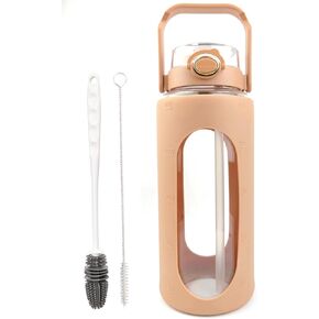 64oz Glass Water Bottle with Straw and Handle Lid Half Gallon Motivational Glass Bottle with Silicone Sleeve Large Leakproof Reusable Sports Water Jug for Gym Home Workout(Light Brown,64oz)