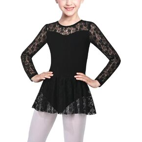 Sunny Fashion Girls Dress Basic Leotard Lace Long Sleeve Ballet Dance Gymnastic