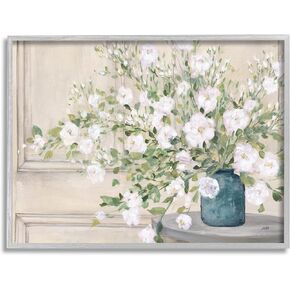 Stupell Industries Geranium Tabletop Country Still Life Painting Blooming Flowers, Designed by Julia Purinton Gray Framed Wall Art, 30 x 24, Beige