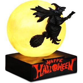 MUMTOP Halloween Moon Witch Decor, Witch Riding On Magic Broom with Battery Operated Moon Ball Figurine Resin Statues Halloween Indoor Decorations for Home Kitchen Room Party Table