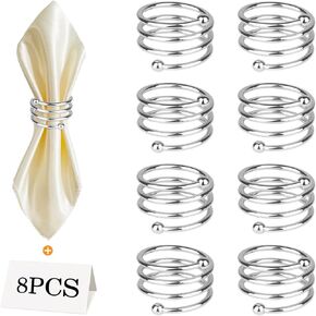 Stainless Steel Napkin Rings Metal Napkin Ring Holders, Yimerlen Holder Serviette Buckles for Family Dinner, Wedding, Party (Give Name Thank You Cards) Spiral Silver 12 Pcs