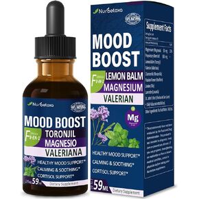 Lemon Balm Mood Boost Drops, Gotas de Citrato de Magnesio, Toronjil y Valeriana para Dormir y Ansiedad, Natural Calm, Cortisol Balance, Promotes Relaxation w/Magnesium Extract Liquid.2oz