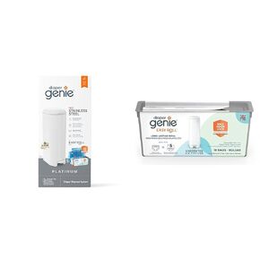 Diaper Genie Platinum Pail (Lilly White) is Made of Durable Stainless Steel and Includes 1 Easy Roll Refill with 18 Bags That can Last up to 5 Months.