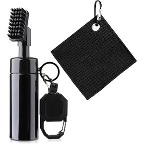 Golf Club Cleaner Brush with Retainer Clip, Golf Towel and Squeeze Bottle Design - Anti Leak Refillable Reservoir Tube - Essential Golf Accessories Best Golf Gifts for Men and Women, Black