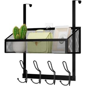 Over The Door Hooks Organizer, Back of Door Organizer with 12 Coat Hooks & Mesh Baskets Over The Door Towel Rack Door Hanger Storage Rack for Bathroom,Kitchen,Bedroom(Black)
