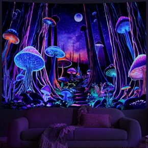 Tushelia Blacklight Forest Tree Tapestry Fantasy Neon Mushroom Tapestry UV Reactive Galaxy Space Wall Tapestries Aesthetic Floral Plant Landscape Tapestry Wall Hanging for Home Decor