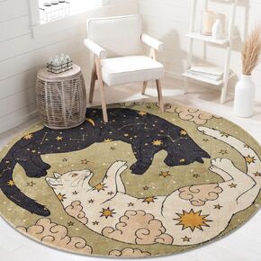 Estmy Washable Mystical Cat Rug, Vintage Retro Abstract Celestial Zodiac 5ft Around Area Rugs for Bedroom Living Room Dorm Entryway Kitchen, Thin Pile Bohemian Cute Animal Circle Rug Floor Carpet