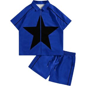 SOLY HUX Men's 2 Piece Outfits Graphic Print Zip Up Short Sleeve Shirt and Shorts Set