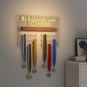Ammonite Light up Medal Hanger Display, Holder Rack for Awards or Ribbons, Sports Themed Ribbon Holder for Wall, Tiered Award Rack