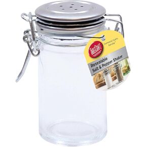 TableCraft's 2-Ounce Resealable Salt & Pepper Shaker, Glass Jar with Stainless Steel Clip-Top Lid, Clear