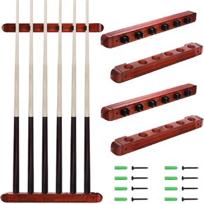 TOPZEA 4-Piece 6 Cues Wooden Billiard Pool Cue Rack, Wall Mounted Hardwood Pool Cue Stick Holder, Billiard Pool Wall Racks Set for 6 Sticks Storage, Billiard Pool Table Accessories