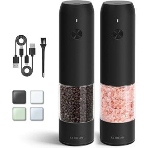 مجموعات مطحنة الملح والفلفل الكهربائية من ألتران، مطحنة فلفل ملح أوتوماتيكية قابلة لإعادة الشحن عبر USB مع 6 خشونة قابلة للتعديل، ضوء LED، تشغيل بيد واحدة للمطبخ، المطعم، الشواء (أسود) in Kuwait