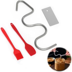 Natural Peanut Butter Stirrer Tool,Nut Butter Mixer Kit Fits 16 - 26 OZ Jars with 10" Silicone Jar Spatula Stainless Steel Bar & Spill-Resistant Silicone Lid For Mixing Various Butter & Jam