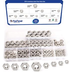 140Pcs 304 Stainless Steel Hex Nuts Assortment Kit Lock Nut 8 Sizes 4#-40 6#-32 8#-32 10#-24 12#-24 1/4-20 5/16-18 3/8-16 for Screw Bolt