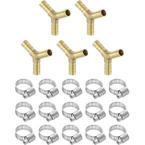 uxcell 5pcs Brass Hose Barb Fittings, 3-Way Y-Shaped 1/4" Barbed x 1/4" Barbed x 1/4" Barbed Hose Reducer, Brass Barb Fitting Reducer with 15pcs Hose Clamps for Water Fuel Air