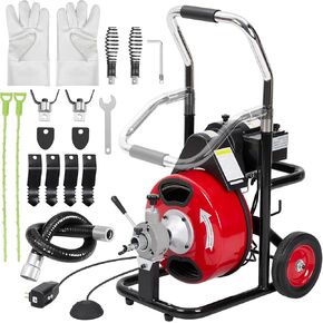 75 Ft X 1/2 Inch Drain Cleaner Machine, Sewer Snake Auger Cleaner with 4 Cutters & Foot Switch and Pair of Gloves for 1 to 4 Inch Pipes, Red, Black