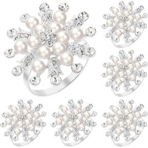 6Pcs Silver Snowflake Christmas Napkin Ring for Table Setting,Round Metal Serviette Buckle with Pearl Rhinestone Decor,Valentine Pearl Napkin Holder Ring Compatible with Various Napkin Cloth