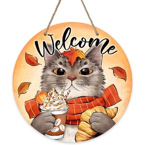 Deroro Welcome Fall Cat Sign for Front Door Decor, Autumn Pet Coffee Bread Leaves Wood Door Hanger for Outdoor Outside Porch, Seasonal Wooden Wreath Indoor Wall Hanging Decoration Cat Lover Gifts
