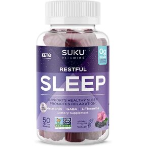 Restful Sleep - LTheanine & GABA Gummies for Natural Sleep, Relaxed Mind and Body, Easy to Chew - Non GMO, Gluten Sugar Free - BlackBerry-Hibiscus Flavored Melatonin Gummies, 50 Count