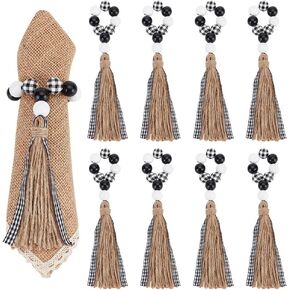 8 Pcs Wooden Bead Napkin Rings, Black Christmas Theme Napkin Ring with Jute Tassel Natural Farmhouse Napkin Rings for Party Wedding Christmas Thanksgiving Table Celebration