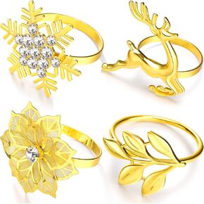 Christmas Napkin Rings Elk Napkin Rings Rhinestone Snowflake Napkin Rings Leaf Napkin Ring Holders for Christmas Wedding Birthday Party (Gold, 8)