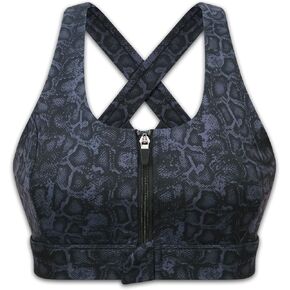 Cordaw Zipper in Front Sports Bra High Impact Strappy Back Support Workout Top, Navy Snake Print Small
