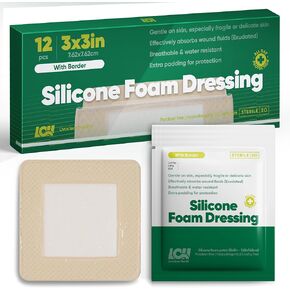 3" x 3" Silicone Foam Dressing by LivaClean Health (12 CT) - Sterile Bandages for Wound, Foam Wound Dressing, Bed Sore Bandages, Silicone Bandages, Wound Care Dressing, Large Bandages for Wounds