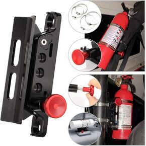 Adjustable Aluminum Fire Extinguisher Mount Holder with 4 Clamps Vehicle Fire Extinguisher Bracket for Wrangler TJ JK JL JKU UTV Polaris RZR Ranger (Black with Red Knob)