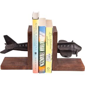 Danya B Decorative Airplane Bookend Set - Black Book Ends, Book Holder for Office, Rustic Home Accessories, Aluminum with Dark Wood Base