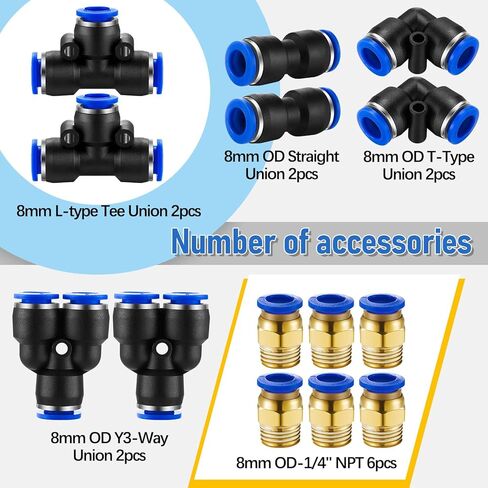 طقم أنابيب هوائية سوداء بطول 50 قدم، 8 مم أو 5/16 Od 5 مم ID من البولي يوريثين PU أنابيب خرطوم ضاغط الهواء، أدوات هوائية لخط الهواء أو نقل السوائل، 15 قطعة in Kuwait