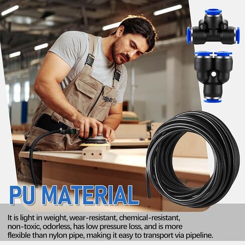 طقم أنابيب هوائية سوداء بطول 50 قدم، 8 مم أو 5/16 Od 5 مم ID من البولي يوريثين PU أنابيب خرطوم ضاغط الهواء، أدوات هوائية لخط الهواء أو نقل السوائل، 15 قطعة in Kuwait