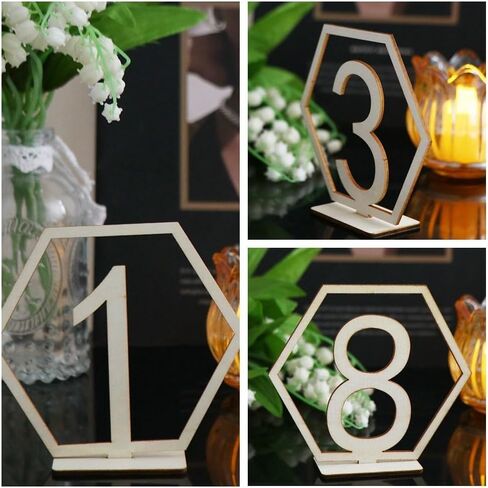 Table Number Plate 10Pcs 1-10 Table Number Signs Wooden Table Numbers Hexagon Shape with Holder Base Wedding Banquet Decor Removable Wood Seat Number in Saudi Arabia