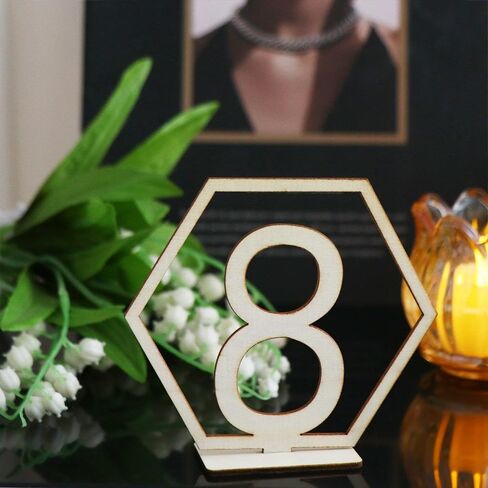 Table Number Plate 10Pcs 1-10 Table Number Signs Wooden Table Numbers Hexagon Shape with Holder Base Wedding Banquet Decor Removable Wood Seat Number in Saudi Arabia