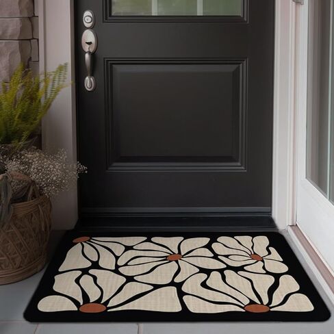 Boho Beige and Black Floral Door Mat - Bohemian Neutral Floral Front Door Mats Outdoor Entrance, Boho Welcome Mat, Boho Kitchen Mat, Boho Bath Mat, 17x30 rug in Saudi Arabia