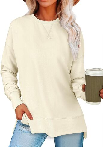 ANRABESS بلوزات للنساء 2024 خريف موضة قمصان طويلة الأكمام Crewneck خفيفة الوزن الجانب سبليت بلوزة كاجوال in Saudi Arabia