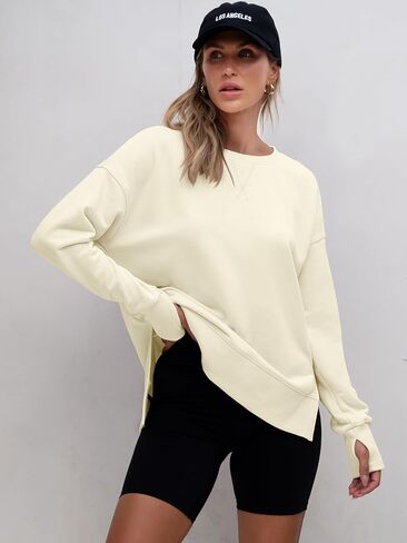 ANRABESS بلوزات للنساء 2024 خريف موضة قمصان طويلة الأكمام Crewneck خفيفة الوزن الجانب سبليت بلوزة كاجوال in Saudi Arabia