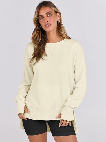 ANRABESS بلوزات للنساء 2024 خريف موضة قمصان طويلة الأكمام Crewneck خفيفة الوزن الجانب سبليت بلوزة كاجوال in Saudi Arabia