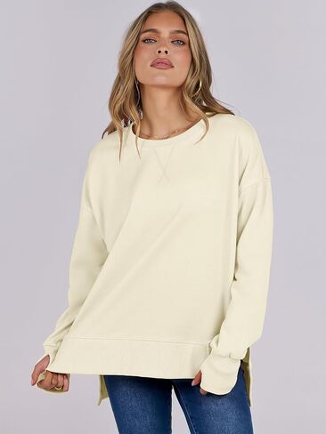 ANRABESS بلوزات للنساء 2024 خريف موضة قمصان طويلة الأكمام Crewneck خفيفة الوزن الجانب سبليت بلوزة كاجوال in Saudi Arabia