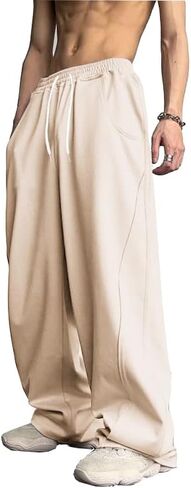 WZIKAI بنطال رياضي فضفاض للرجال بخصر مطاطي برباط واسع الساق بنطال رياضي فضفاض غير رسمي مع جيوب in Kuwait