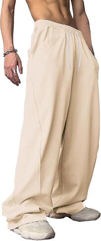WZIKAI بنطال رياضي فضفاض للرجال بخصر مطاطي برباط واسع الساق بنطال رياضي فضفاض غير رسمي مع جيوب in Kuwait