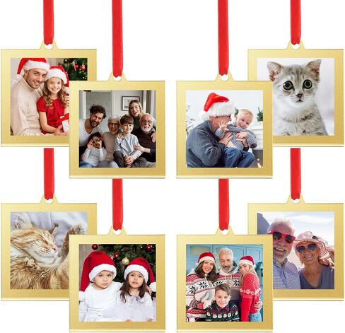 UNIQOOO 8 Pcs Christmas Acrylic Gold Photo Frame Ornaments for Display Picture, 2.5 x 2.5 inch Festive Hanging Decoration, Double-Sided Picture Frames for Holiday Season, Home, Party, Xmas Tree Decor in Kuwait