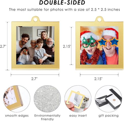 UNIQOOO 8 Pcs Christmas Acrylic Gold Photo Frame Ornaments for Display Picture, 2.5 x 2.5 inch Festive Hanging Decoration, Double-Sided Picture Frames for Holiday Season, Home, Party, Xmas Tree Decor in Kuwait